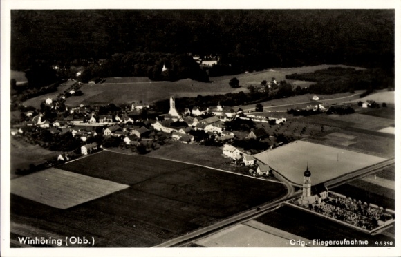 Postcard Winhöring in Upper Bavaria, aerial view of rural landscape, church, buildings
