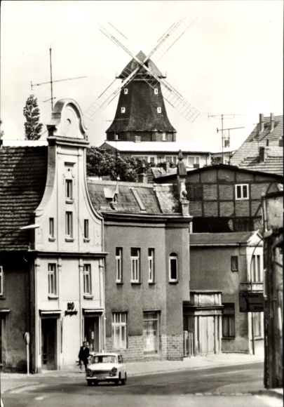 Postcard Kröpelin in Mecklenburg, windmill, street, Trabant
