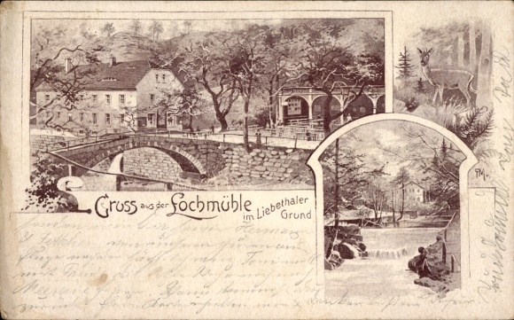 Litho Lohmen im Elbsandsteingebirge, Lochmühle, Liebethaler Grund, Elektrizitätswerk Copitz