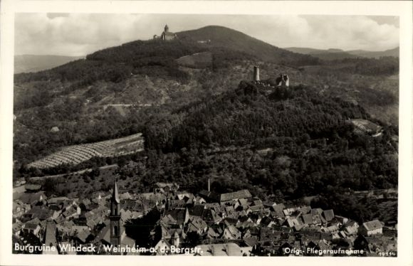Postcard Weinheim an der Bergstraße Baden, castle ruins Windeck, aerial photograph