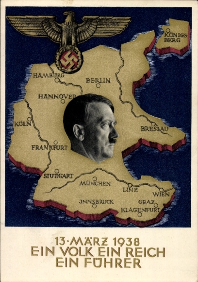 Postcard Klein, One People, One Reich, One Führer, Anschluss of Austria 1938, Greater Germany