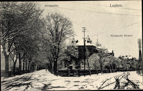 Ak Dresden Leuben, Königsallee, Pirnaische Straße, winters uitzicht