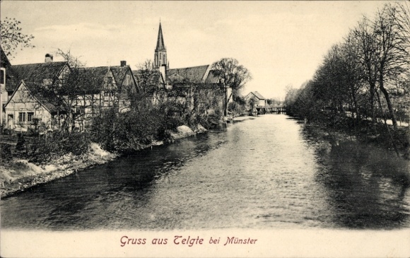 Ak Telgte in Westfalen, gedeeltelijk uitzicht, vakwerkhuizen aan de rivier, kerk