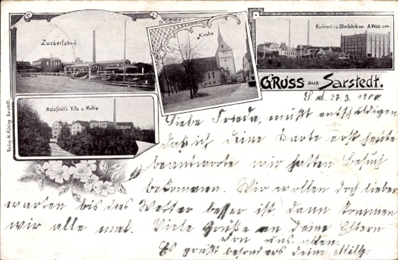 Postcard Sarstedt Lower Saxony, sugar factory, church, stove and oven factory, Malzfeldts Villa and mill