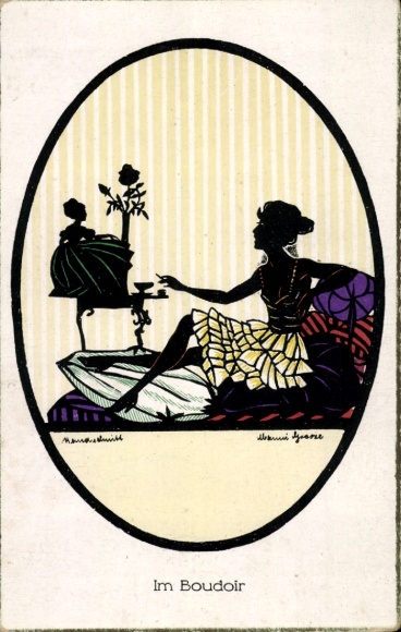 Paper cutting artist Postcard smoking woman on the bed, doll, flower
