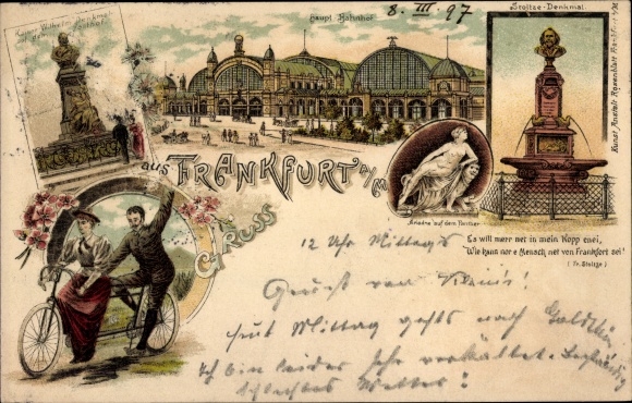 Litho Frankfurt am Main, Hauptbahnhof, Tandem, Stoltze-Denkmal