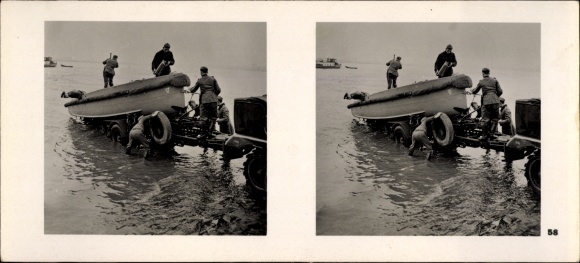 Stereo spatial image, photo &quot;The Battle in the West&quot;, No. 58 Pioneers launch a motorboat