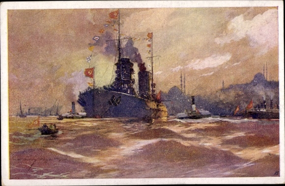 Kunstenaar Ak Heusser, Harry, Constantinopel, vlaggala in de haven, slagschip Yavuz Sultan Selim