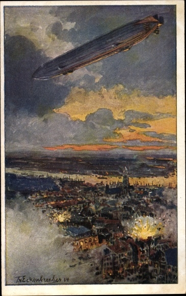 Artist PC from corner crushers, Themistokles, zeppelin over Antwerp, battle, I. WW