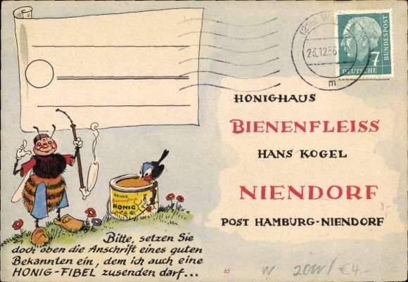 Postcard Hamburg Niendorf, advertising, Hans-Kogel-Honighaus bee diligence, bee, honey pot