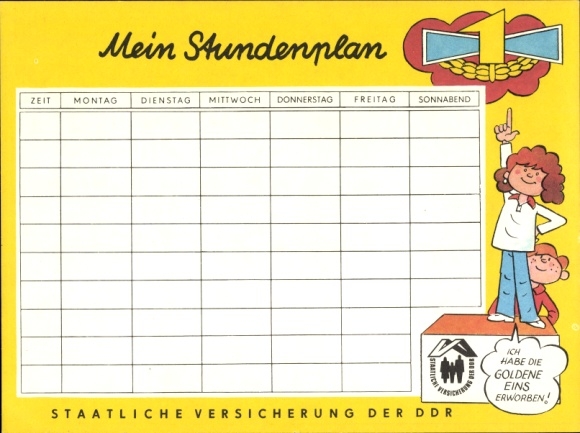 Timetable GDR state insurance, Goldene Eins, picture story around 1970