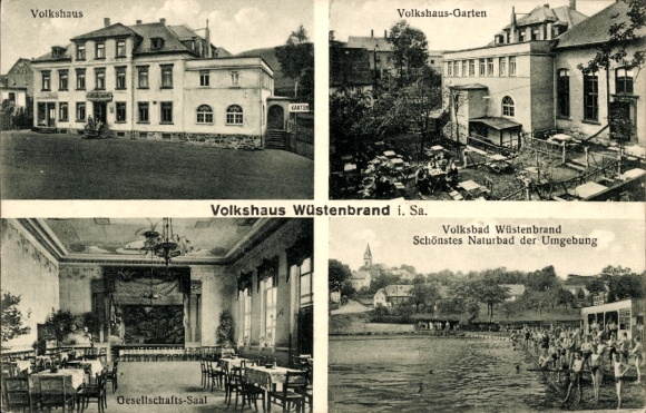 Ak Wüstenbrand Hohenstein Ernstthal Sachsen, Volkshaus, Gesellschaftssaal, Volksbad