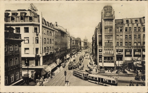 Postcard Praha Prague, Graben, Prikopy, trams, buildings