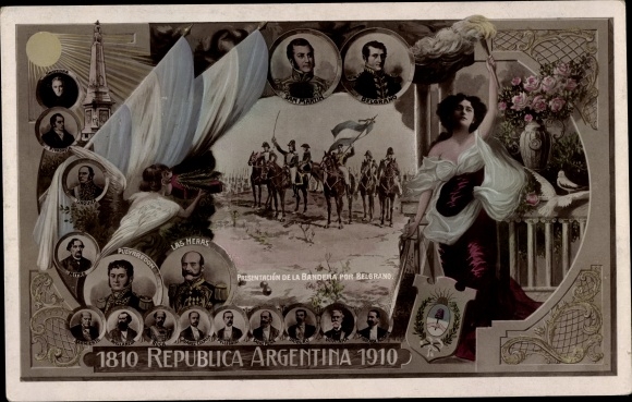 Postcard Argentinien, Republic of Argentina 1810 1910, Presentation of the Flag by Belgrano