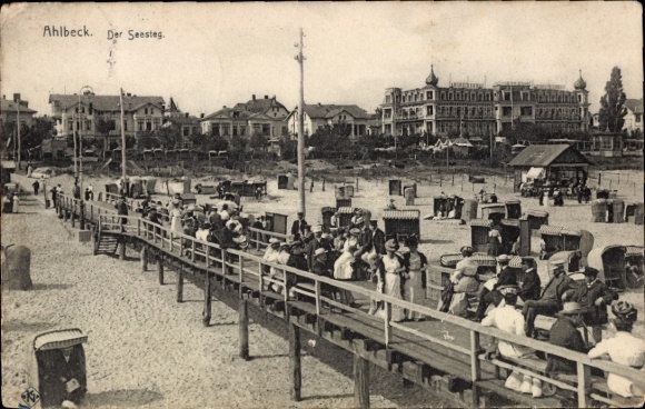 Postcard Baltic Sea resort Ahlbeck on Usedom, pier, beach chairs, buildings in the background, scenery