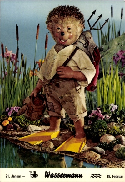 Postcard Mecki the Hedgehog, Zodiac sign Aquarius, 21 Jan - 18 Feb, Trident, Swim Fins
