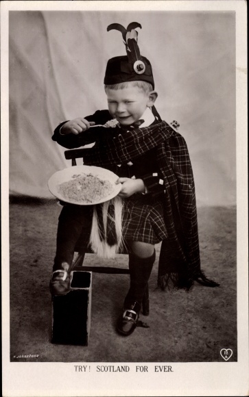 Postcard Child in Scottish costume at the meal