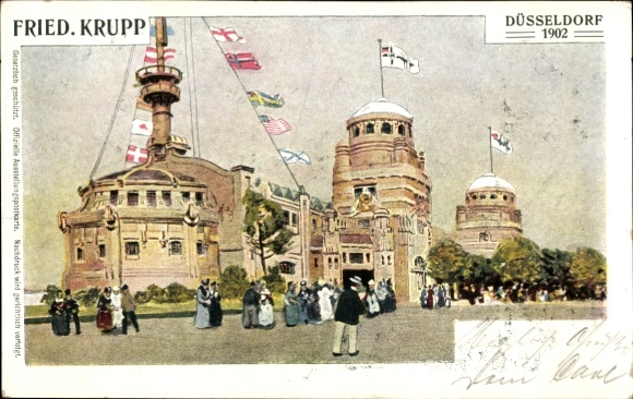 PC Düsseldorf, trade exhibition 1902, pavilion Fried. Krupp, flags of all nations