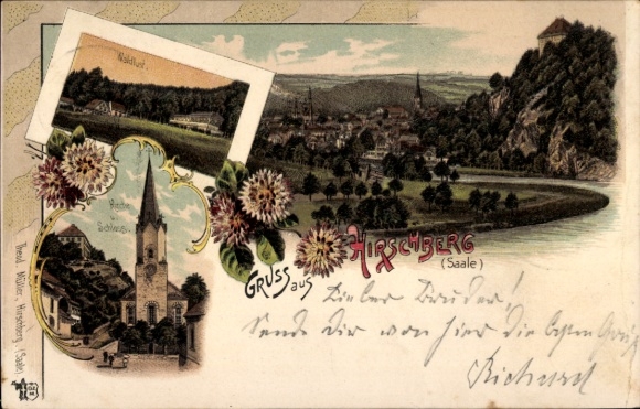 Chromo-Litho Hirschberg an der Saale, general view, Waldlust, church, castle