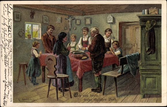 Artist Postcard Döcker, E., family at table prayer, give us our daily bread today