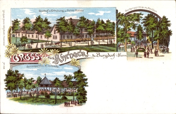 Chromo-Litho Ahrbeck Burgdorf in the Hanover region, guesthouse for relaxation, owner Heinr. Haase, garden