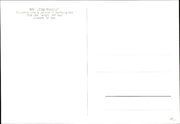 Postcard ship MV Cap Blanco, Columbus Line