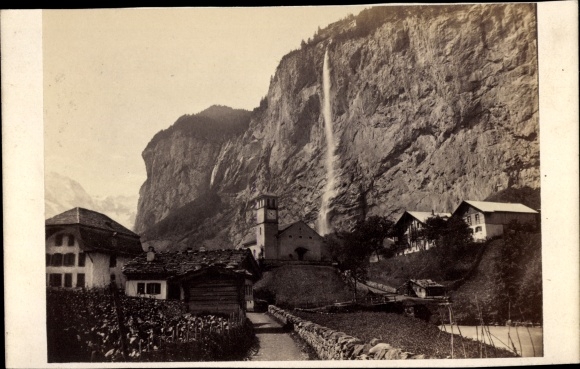 Photo Lauterbrunnen Kt. Bern Switzerland, Staubbach Falls, church, 1868