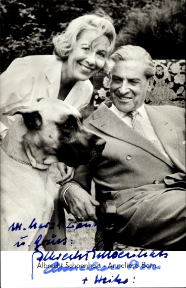 Postcard actor Albrecht Schoenhals, actress Anneliese Born, Great Dane, portrait, autograph