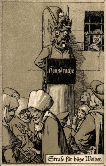 Artist Postcard Punishment for evil women, house dragon, pillory