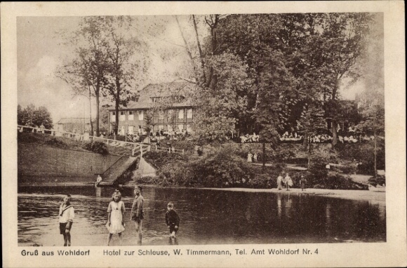 Ak Hamburg Wandsbek Wohldorf, Hotel zur Schleuse, kinderen aan het water