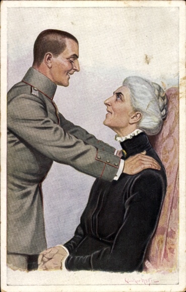 Artist PC Nagel, G., Our war lieutenants at home, soldier with grandma, I. WK, Novitas