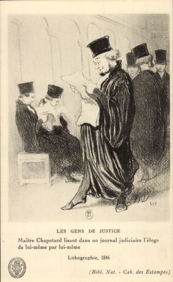 CPA Le Gens de Justice, Maitre Chapotard lisant in a journal judicaire l'Eloge...