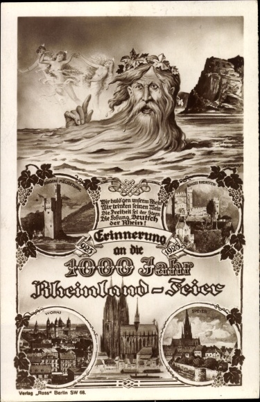 Ak 1000-Jahrfeier Rheinland, Vater Rhein, Kölner Dom, Binger Mäuseturm, Schloss Rheinstein