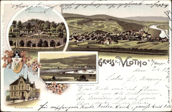 Chromo-Litho Vlotho on the Weser, Amthausberg, post office building, Weser bridge