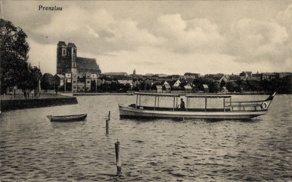 Postcard Prenzlau in the Uckermark, view of boat on water, building