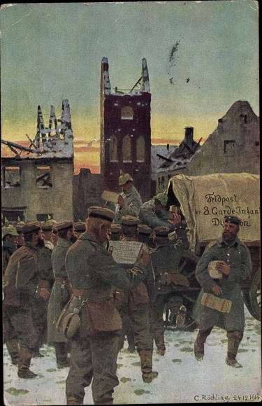 Artist Postcard Röchling, C., Arrival of gifts of love, soldiers, packages, field post 3rd Guards Inf. Div.