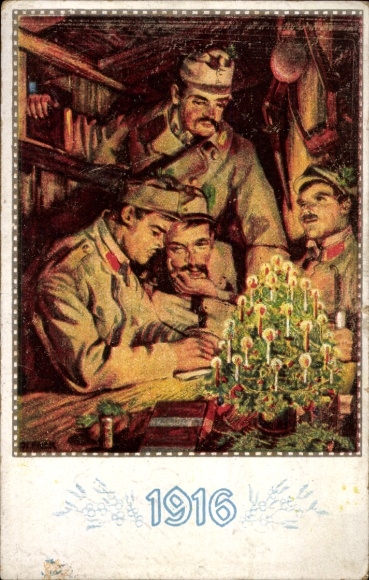 Artist PC Merry Christmas, Kuk soldiers in the dugout, Christmas tree, war Christmas 1916