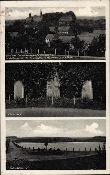 Ak Langenbernsdorf in Sachsen, St. Katharinenkirche, Gemeindeamt, Schule, Ehrenmal, Kobertalsperre