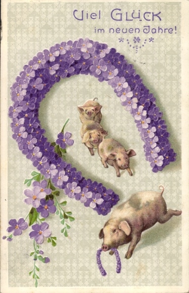 Postcard Happy New Year, pigs, horseshoes, flowers