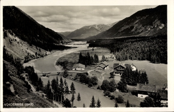 Postcard Vorderriss Lenggries in Upper Bavaria, landscape photograph, river, mountains, forest, houses