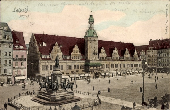 KP z Lipska, Wystawa Sasko-Turyńska 1897, rynek w zabytkowych budynkach, pomnik, ...