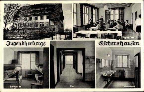 Postcard Eschershausen Lower Saxony, youth hostel, hallway, bedroom, washroom