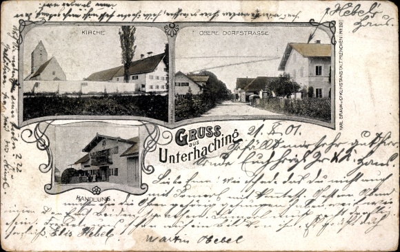 Ak Unterhaching in Oberbayern, actie, bovenste dorpsstraat, kerk