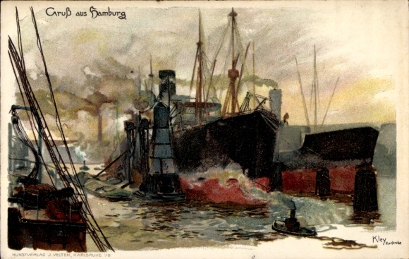 Ak Hamburg Mitte Steinwerder Kuhwerder, Schiff, Hafen, Wasser, Nebel, Industrie, Wolken