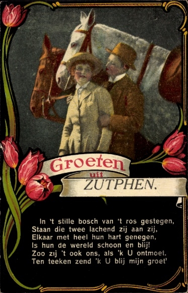 Gedicht Passepartout Ak Zutphen Gelderland, Grüße aus, Liebespaar mit Pferden