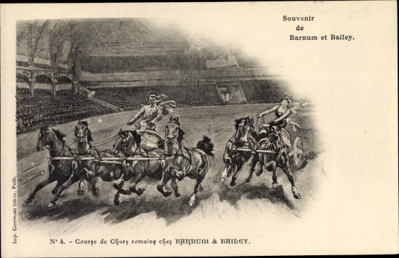 Postcard Circus Barnum &amp; Bailey, Course de Chars romains, Roman chariots