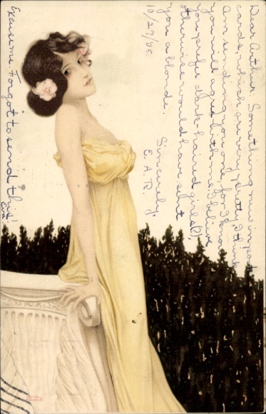Art Nouveau Artist Chromo-Litho Kirchner, Raphael, Lady in a Yellow Dress