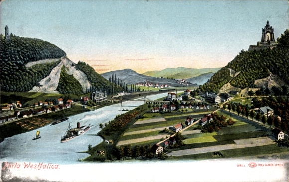 Postcard Porta Westfalica, panoramic view, Kaiserdenkmal, steamer, Wittekindsberg