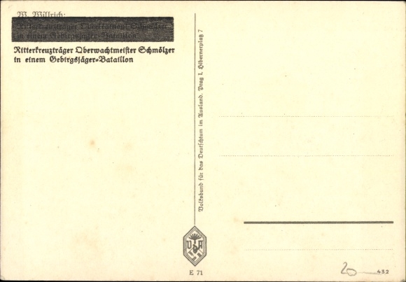 Artist PC Willrich, Wolfgang, Knight&#39;s Cross recipient Oberwachmeister Schmölzer, portrait, VDA E 71