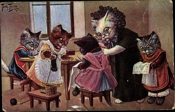 Artist Postcard Thiele, Arthur, humanized cats, sew, knit, embroider, grandmother
